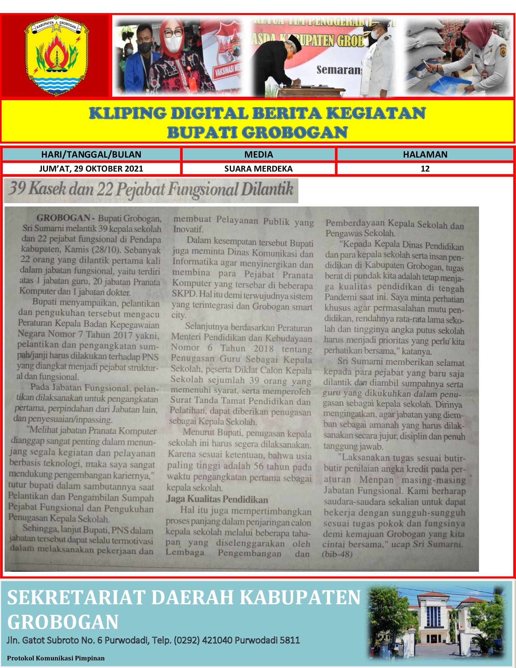 39 Kasek dan 22 Pejabat Fungsional Dilantik Suara Merdeka 29.10.2021