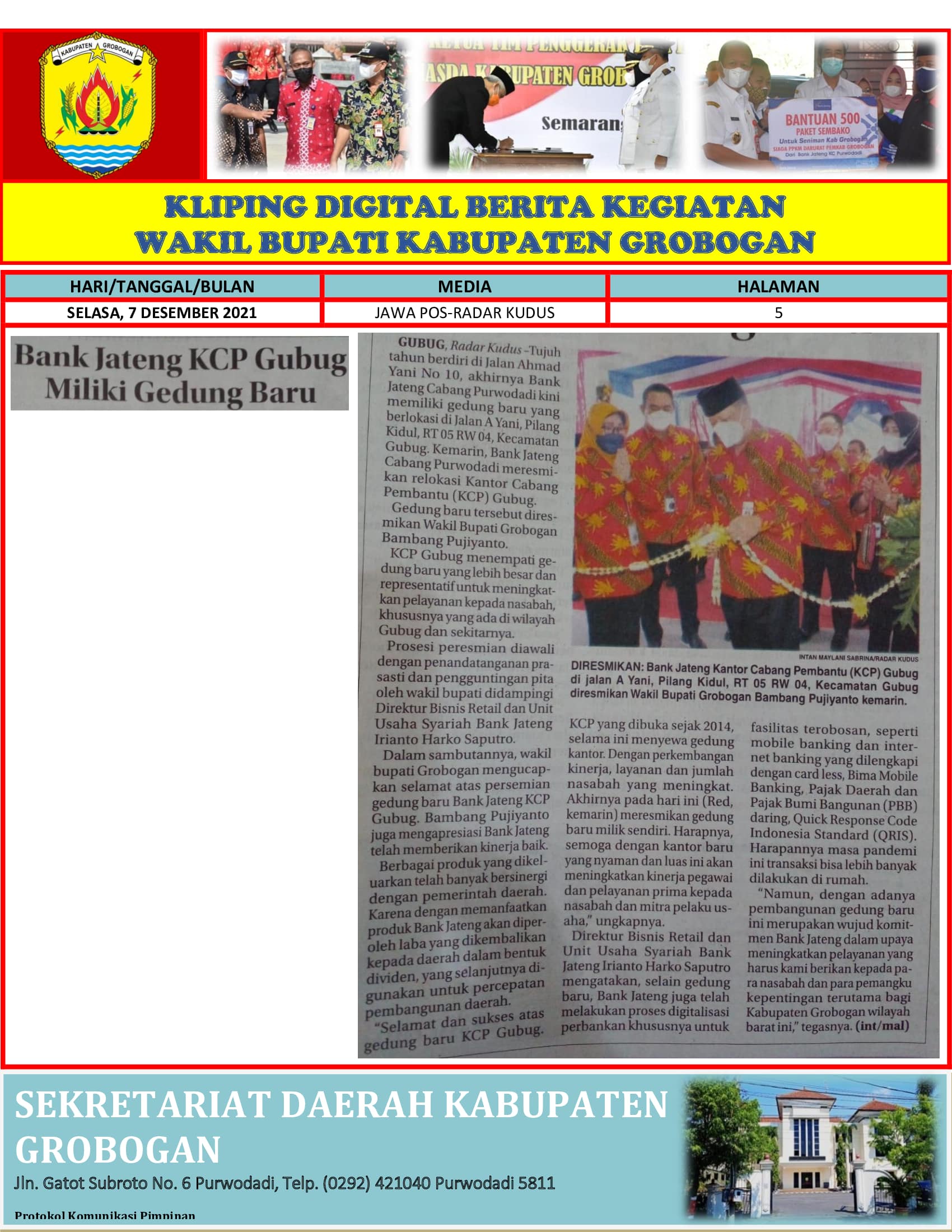 Bank Jateng KCP Gubug Milik Gedung Baru Radar Kudus 7 Desember 2021