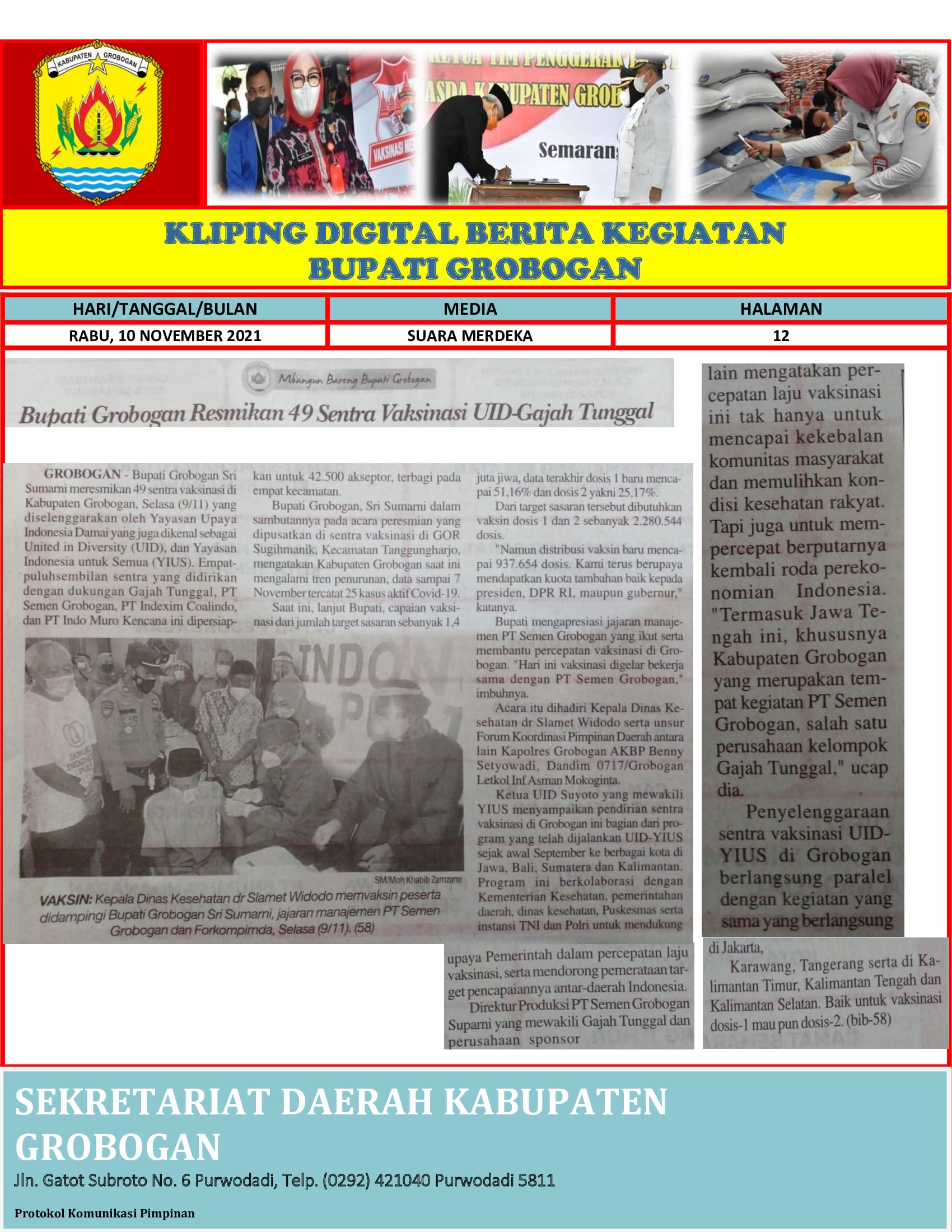 Bupati Grobogan Resmikan 49 Sentra Vaksinasi UID Gajah Tunggal Suara Merdeka 10. 11.2021