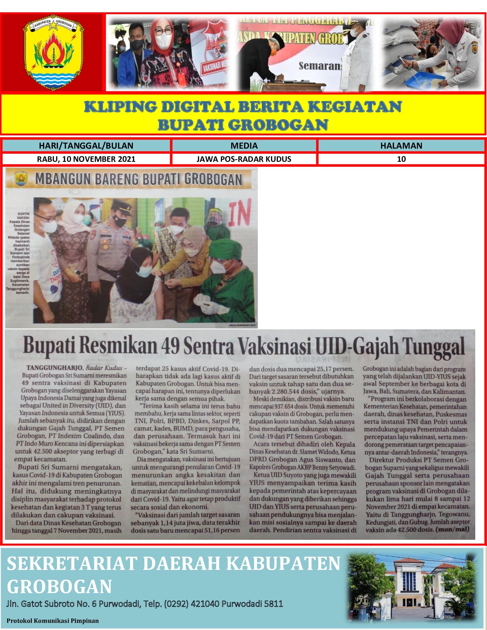 Bupati Resmikan 49 Sentra Vaksinasi UID Gajah Tunggal Radar Kudus 10. 11.2021