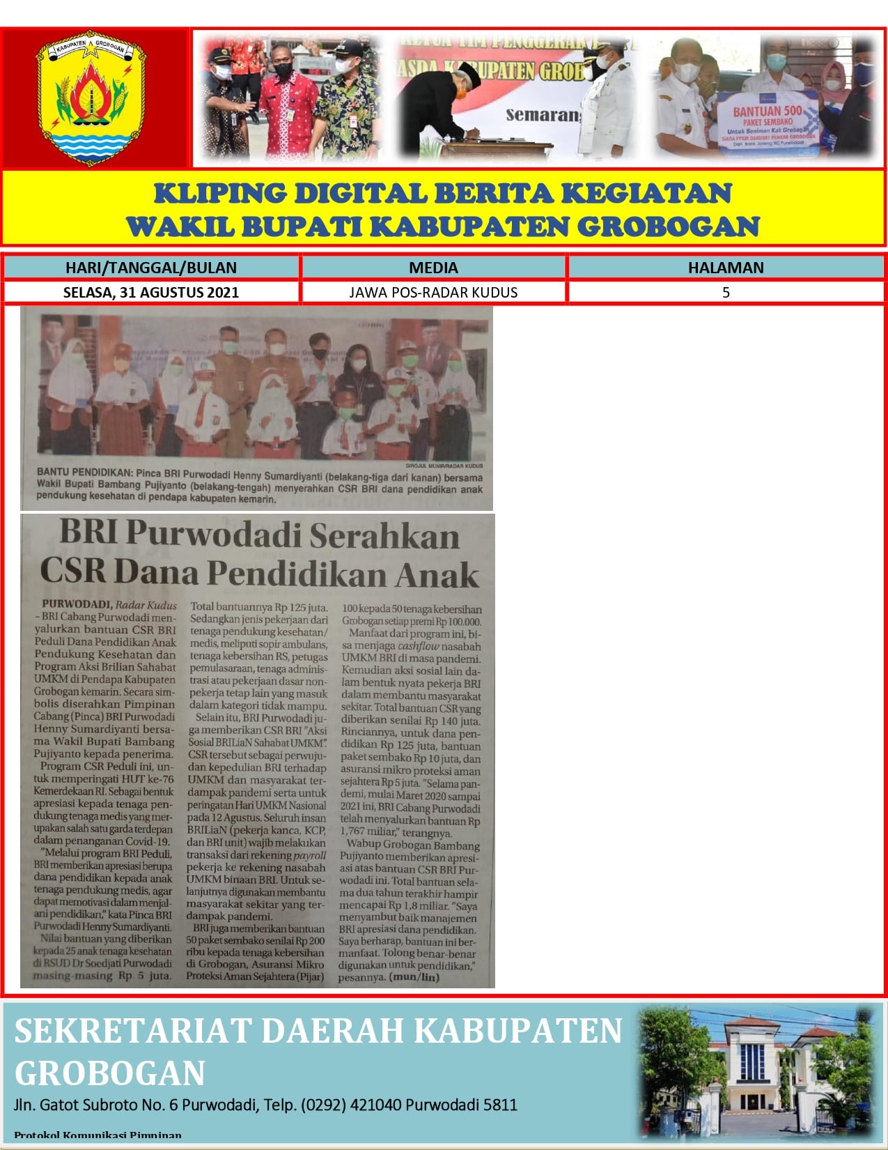 BRI Purwodadi Serahkan CSR Dana Pendidikan Anak Radar Kudus 31.08.2021 min