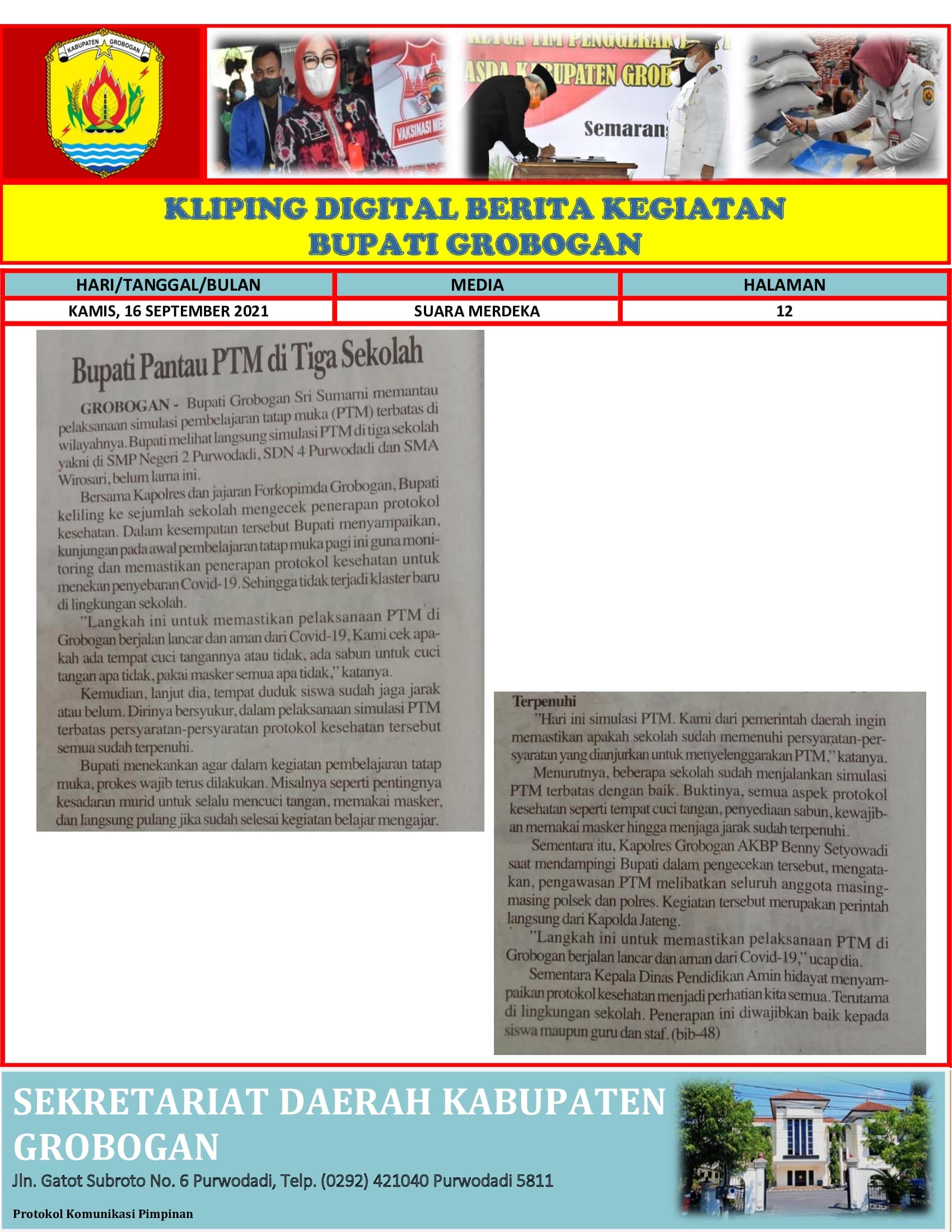 Bupati Pantau PTM di Tiga Sekolah Radar Kudus 16.09.2021