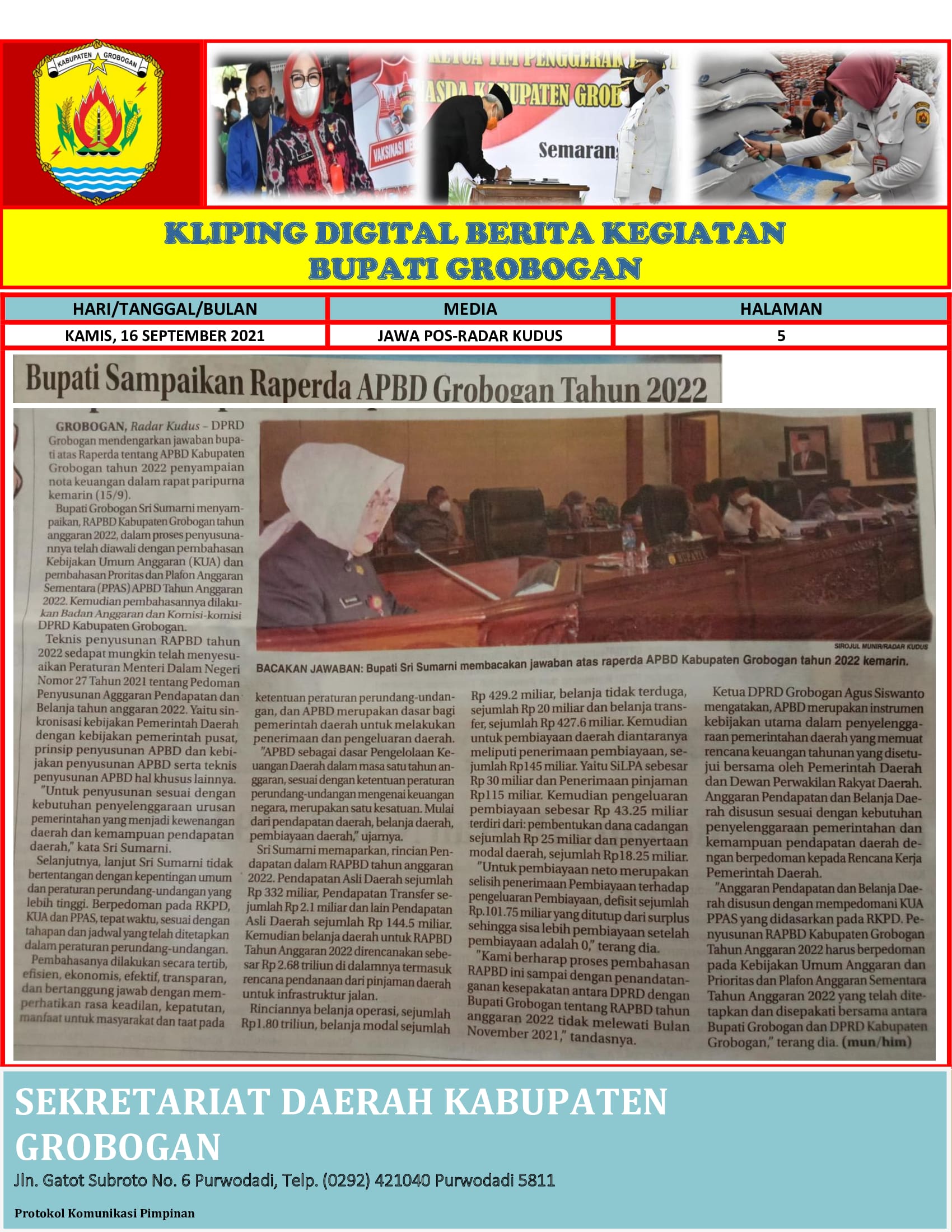 Bupati Sampaikan raperda APBD Grobogan Tahun 2022 Radar Kudus 16.09.2021