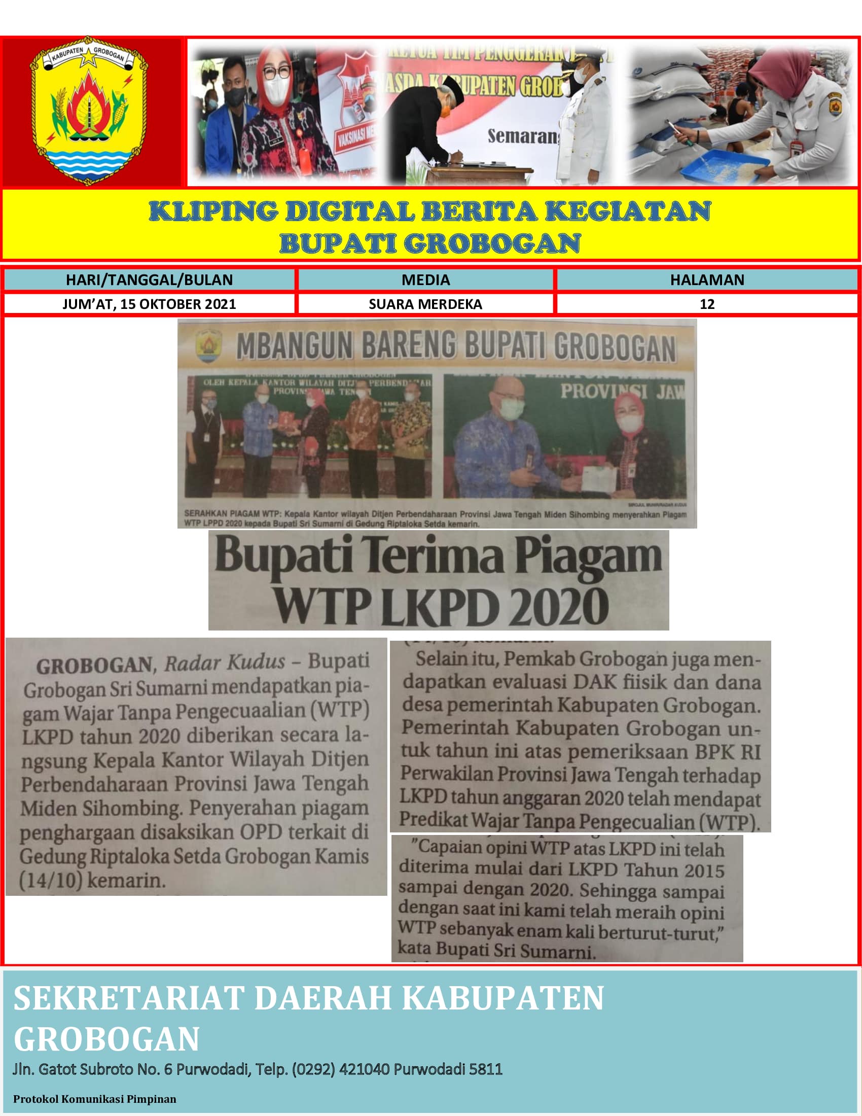 Bupati Terima Piagam WTP LKPD Radar Kudus 15.10.2021