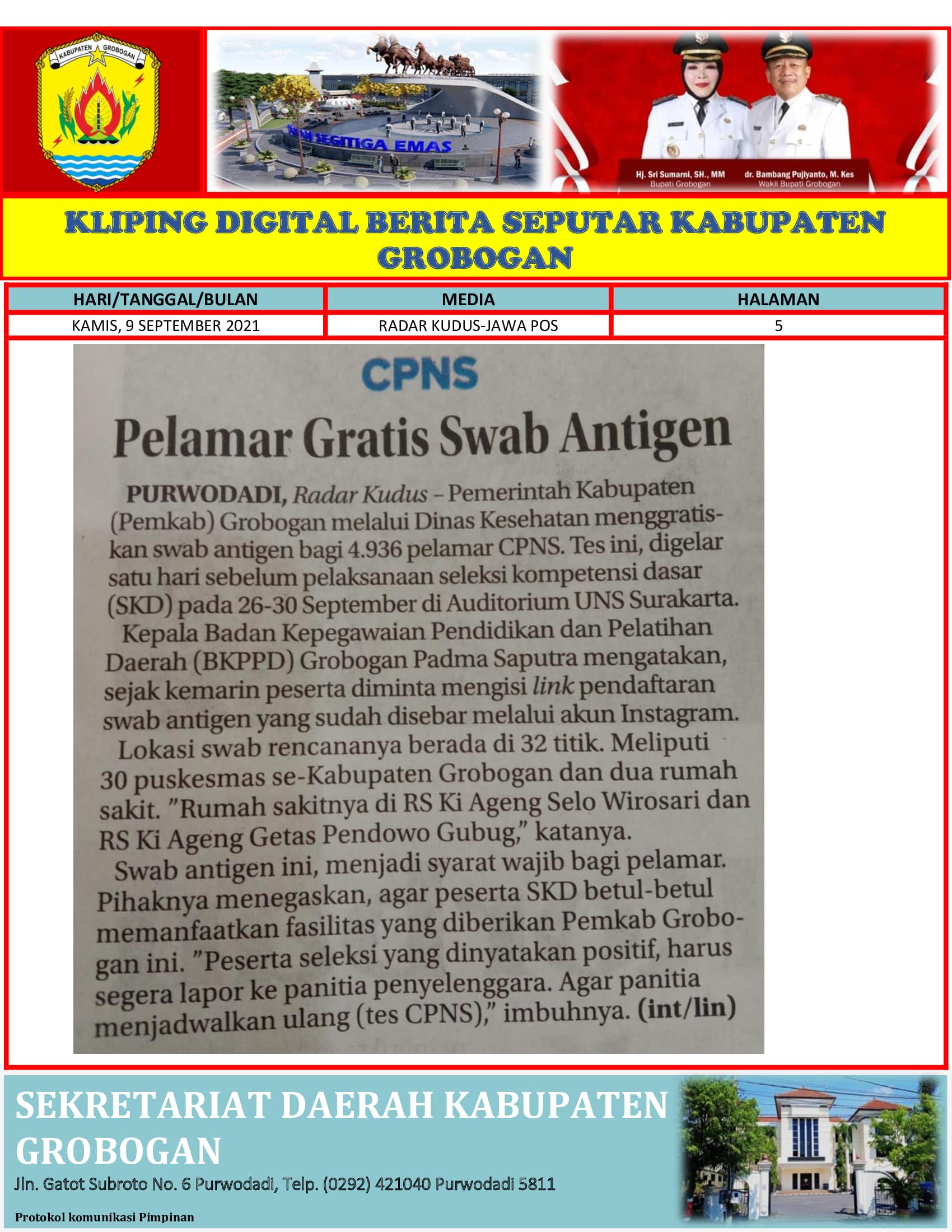 CPNS Pelamar Gratis Swab Antigen Radar Kudus 09.09.2021