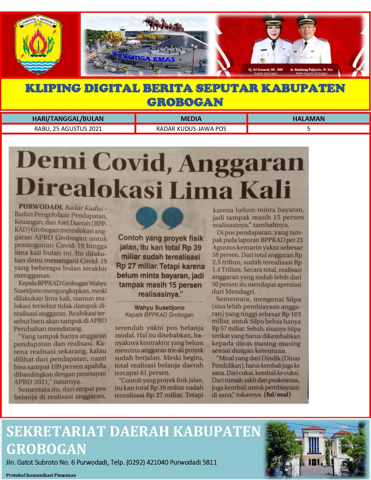 Demi Covid Anggaran Direalokasi Lima Kali Radar Kudus 25/08/21 