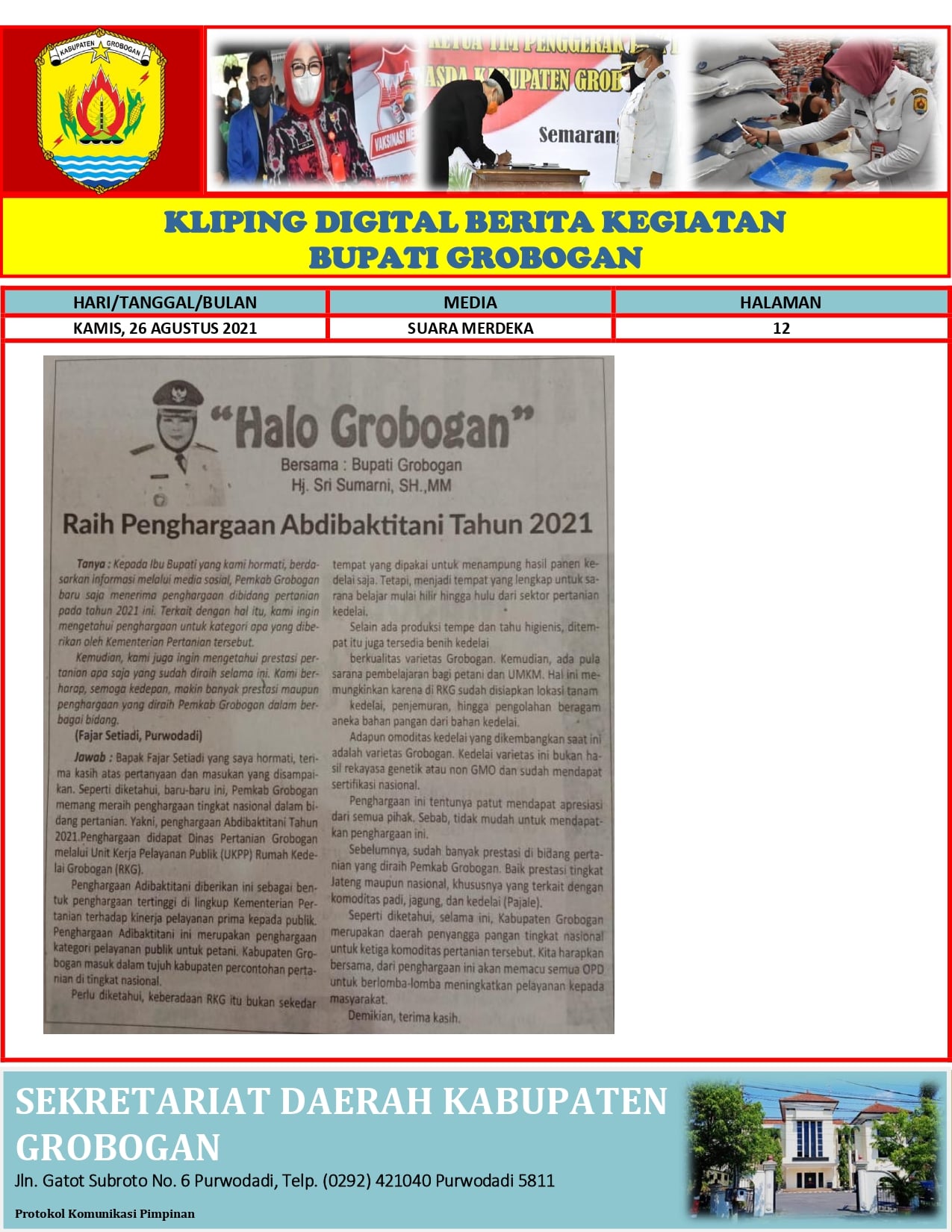 Halo Grobogan Raih Penghargaan Abdibaktitani Tahun 2021Suara Merdeka26 Agustus 2021