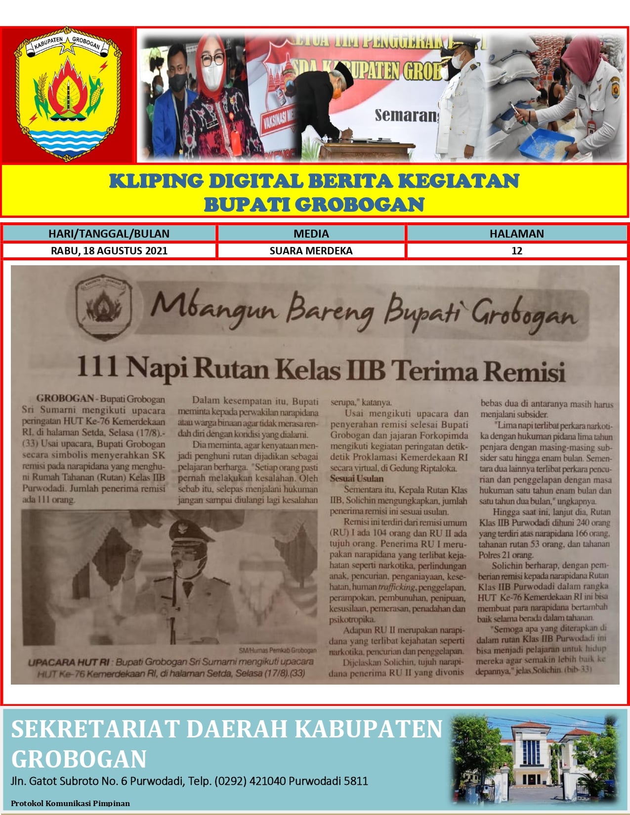 Mbangun Bareng Bupati 111 Napi Rutan Kelas IIB Terima Remisi Suara Merdeka 18.08.2021