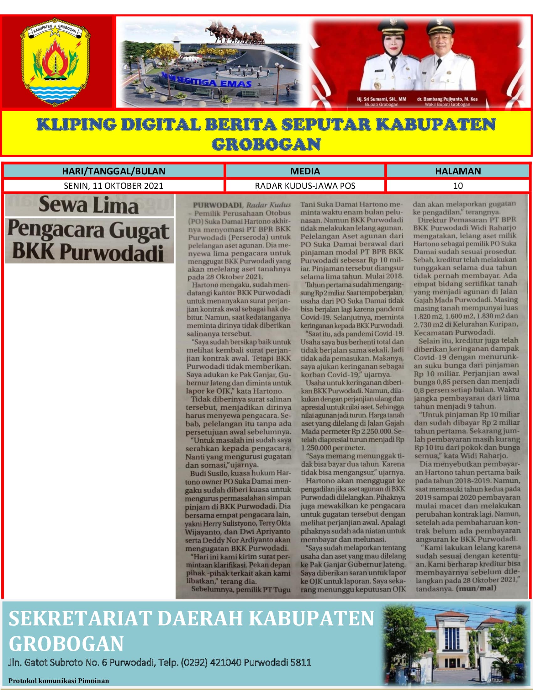 Sewa Lima Pengacara Gugat BKK Purwodadi Radar Kudus 22.10.2021